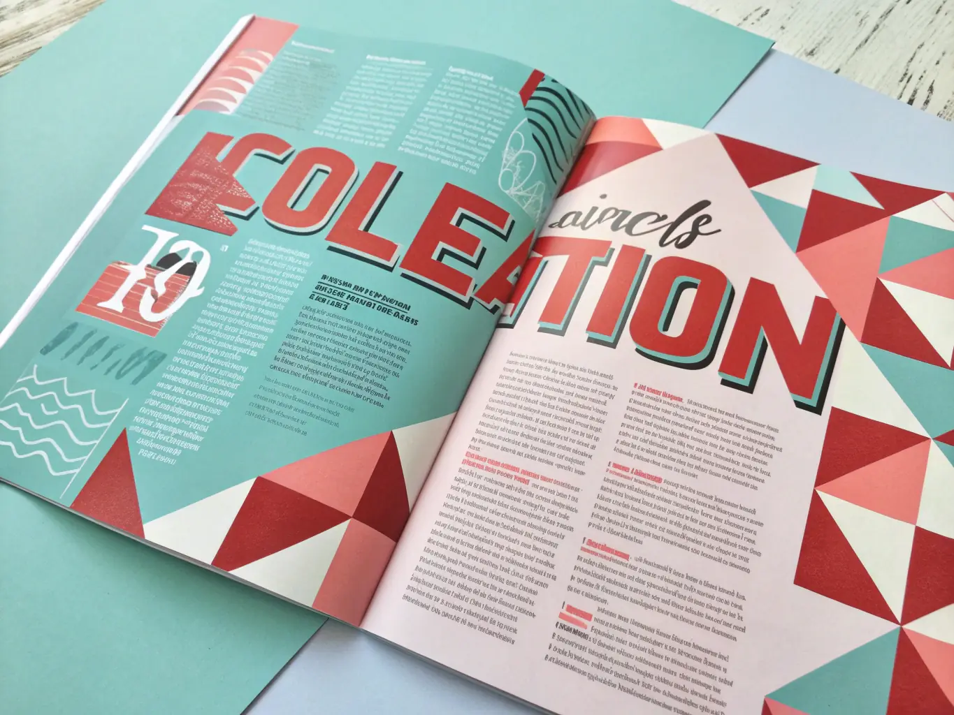 An editorial spread showcasing colorful illustrations and graphics, representing Kreska i Kolor's publishing graphics service.